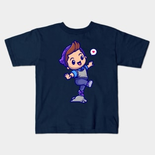 Cute Boy Stepping On The Rock Cartoon Kids T-Shirt